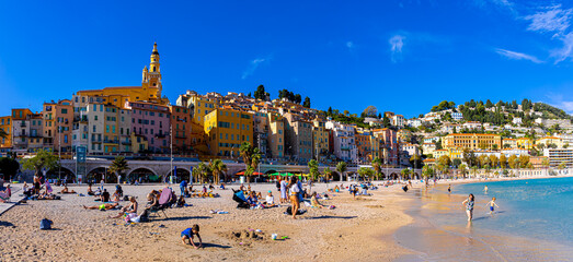 View of Menton, a town on the French Riviera in southeast France known for beaches and the Serre de la Madone garden - obrazy, fototapety, plakaty