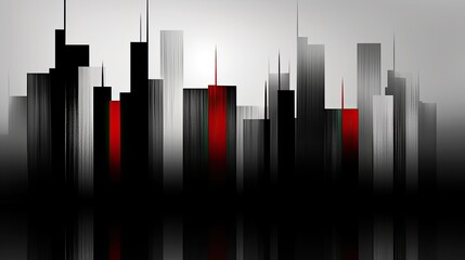 AI-generated minimalist city skyline illustration, with black silhouetted buildings, white sky, reflection and a touch of red. MidJourney.