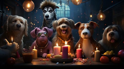 Illustration of dogs having a party celebration. Made with Generative AI.