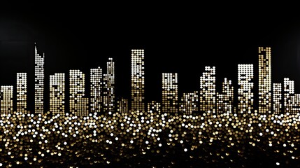 AI-generated pointillist illustration of a city skyline, in points of light. MidJourney.