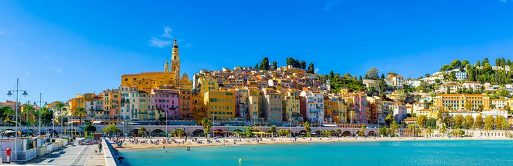 Fototapeten View of Menton, a town on the French Riviera in southeast France known for beaches and the Serre de la Madone garden © alexey_fedoren