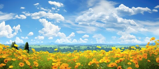 background, the vibrant colors of flowers painted the sky with a beautiful tapestry of nature, where fluffy clouds floated above lush green fields adorned with leaves. The natural beauty of yellow
