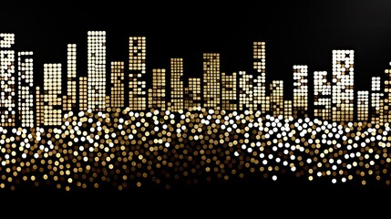 AI-generated pointillist illustration of a city skyline, in points of light. MidJourney.