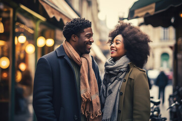 Happy african american couple in Paris, France looking each other and smiling
