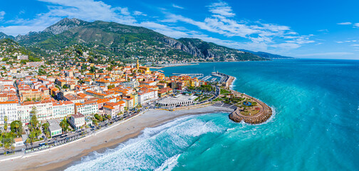 View of Menton, a town on the French Riviera in southeast France known for beaches and the Serre de la Madone garden - Powered by Adobe