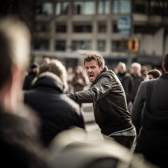 In a tense street scene, an aggressive man strides forward, exuding anger through intense gestures and facial expressions, possibly conveying threats
