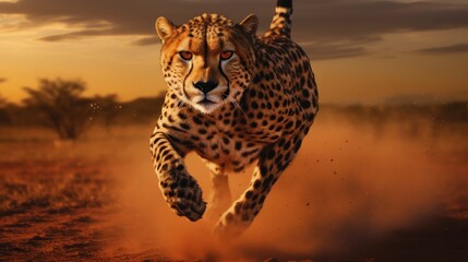 Cheetah running Savannah background wallpaper ai generated - obrazy, fototapety, plakaty