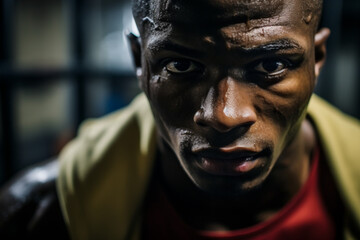 A close-up front view of a determined boxer sits quietly in the locker room, moments before entering the ring