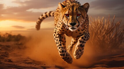cheetah running Savannah background wallpaper ai generated - obrazy, fototapety, plakaty