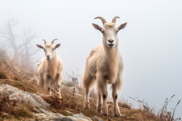 goats on a foggy mountain field. Bright image. 
