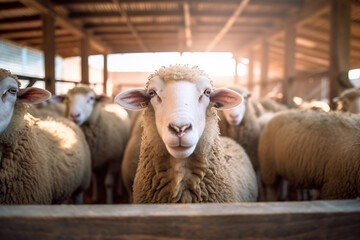 Obraz premium Sheep in the stable on a serene sheep farm, depicting rural tranquility and pastoral scenes. 