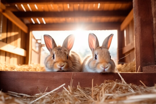 Rabbit in the stable on a rabbit farm, capturing the charm of rural life and farmyard scenes. 