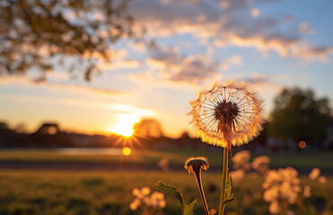 Dandelion seeds on sunset background