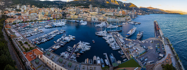 Sunset view of Monaco, a sovereign city-state on the French Riviera, in Western Europe, on the Mediterranean Sea