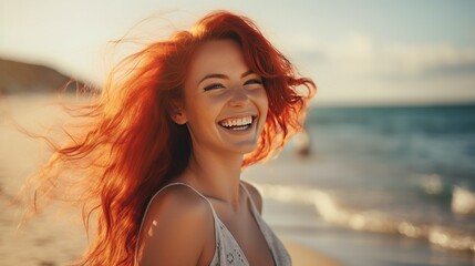 Blissful happy red hair woman on a beach vacation smiling