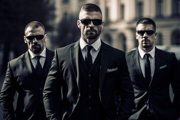 Bodyguards in suits. A group of three professional serious bodyguards