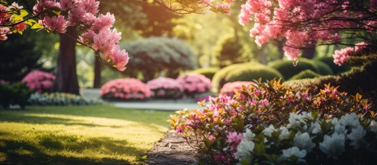 Fototapeta na wymiar background of a lush and vibrant garden, the texture of the trees leaves in spring creates a beautiful display of floral patterns, adding a burst of color to the summer scenery and invoking a sense of