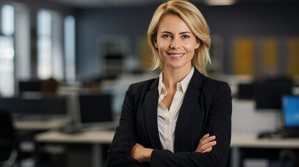 Portrait of a European forty year old happy female manager in office background