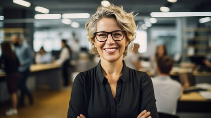Portrait of a European forty year old happy female manager in office background - obrazy, fototapety, plakaty