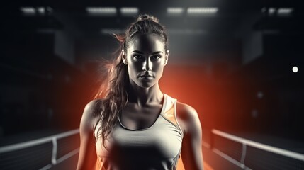Fototapeta na wymiar Woman playing tennis in the gym, black and white and orange colors