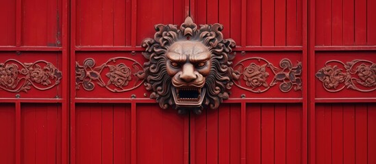 In a quaint Chinese neighborhood, a beautifully designed wooden front door painted in vibrant red...