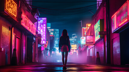 A woman walk to a neon-lit city street at night, with a moody, cinematic vibe and vibrant colors...