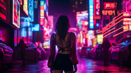A woman walk to a neon-lit city street at night, with a moody, cinematic vibe and vibrant colors...