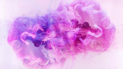 Color smoke background. Fume cloud. Magic explosion. Pink purple paint flow spread in water hypnotic dynamic puff swirls art isolated on white.