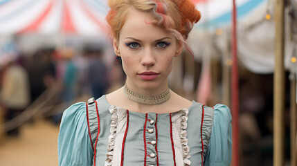 Obraz premium circus actress against the backdrop of a circus tent at a fair. circus on tour
