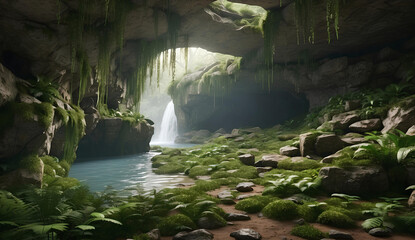 A beautiful rock cave with moss and plants.