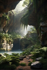 A beautiful rock cave with moss and plants.