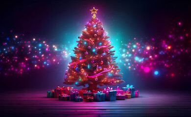 A colorful neon Christmas tree with many gifts.