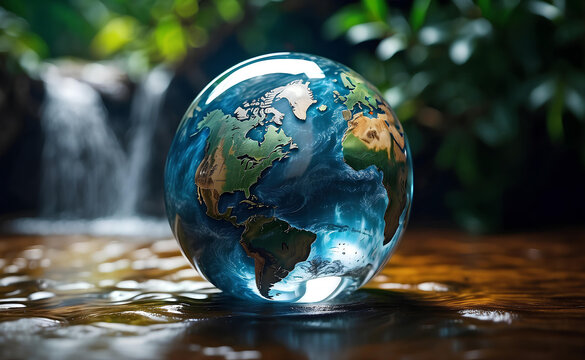 Globe of the world with waterfall and tropical plants background.