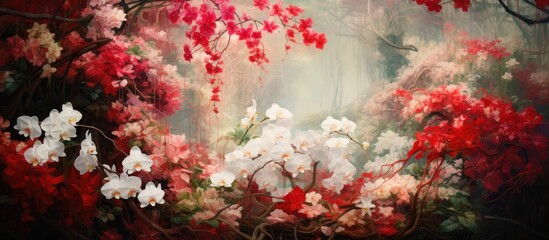 In the garden, a sea of white flowers bloomed, creating a captivating contrast against the vibrant red and pink forest orchids scattered throughout.