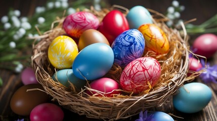 Fototapeta na wymiar A basket of freshly dyed Easter eggs 