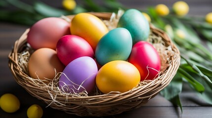 Fototapeta na wymiar A basket of freshly dyed Easter eggs 