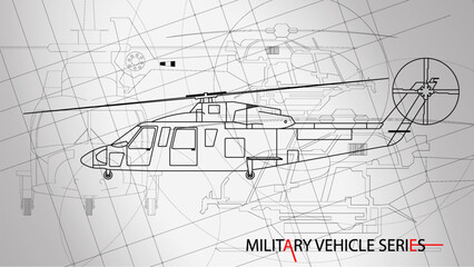 Line art sketch wallpaper of military vehicle series. Drafting art. Lines Drawing against white background. Helicopter fighter model.