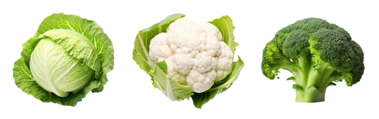 Cabbage, broccoli and cauliflower isolated on transparent background