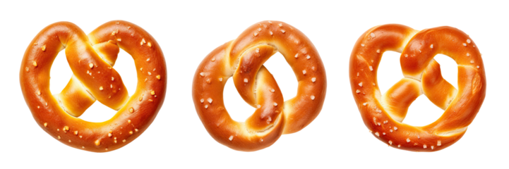 Three fresh pretzels isolated on transparent background, top view