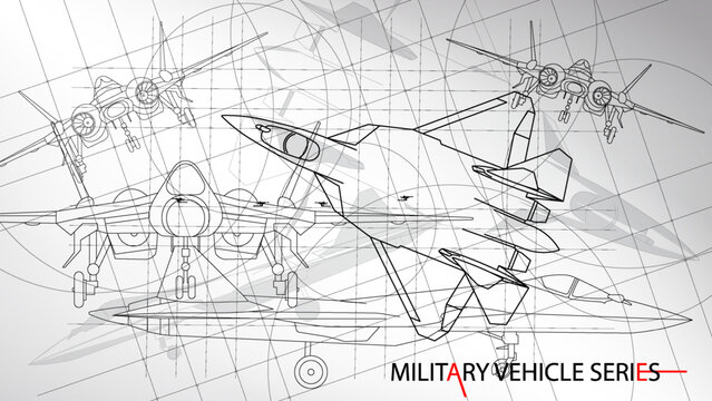 Line art sketch wallpaper of military vehicle series. Drafting art. Lines Drawing against white background. Jet fighter model.