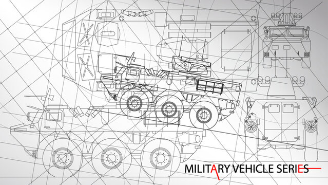 Line art sketch wallpaper of military vehicle series. Drafting art. Lines Drawing against white background. Armored Panzer model.