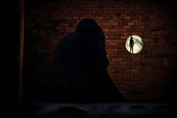 An eerie, moonlit night with a mysterious figure's shadow projected onto a brick wall.
