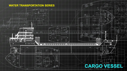 Line art sketch wallpaper of water transportation series. Drafting art. Grid lines drawing against dark background.