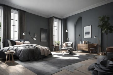 A 3D room, blending DARK SLATE CARBON GRAY and PASTEL GRAY into a tranquil space, perfectly captured by an HD camera.