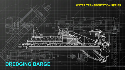 Line art sketch wallpaper of water transportation series. Drafting art. Grid lines drawing against dark background.