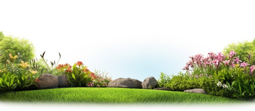 The lush green grass garden enhances the beauty of the landscape, making it a perfect setting for a stunning banner or poster promoting gardening services, aquatic maintenance, and landscape