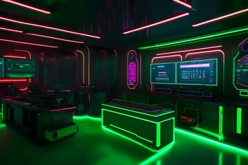 A futuristic 3D smart gaming room with vibrant green, red, and black accents. The room is bathed in the soft glow of LED lights, and the gaming consoles are ready for action.