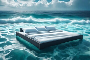 The bed floats on the surface of a calm sea or ocean in cloudy weather. Outdoor bedroom in the open air.