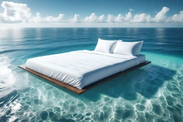 The bed floats on the surface of a calm sea or ocean in cloudy weather. Outdoor bedroom in the open air.