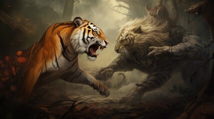 lion vs angry tiger background wallpaper ai generated - obrazy, fototapety, plakaty
